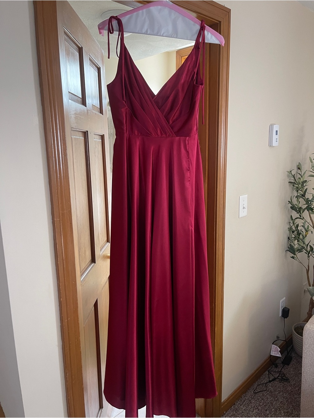 Satin Burgundy Maxi Dress with V-Neck and Tie Straps